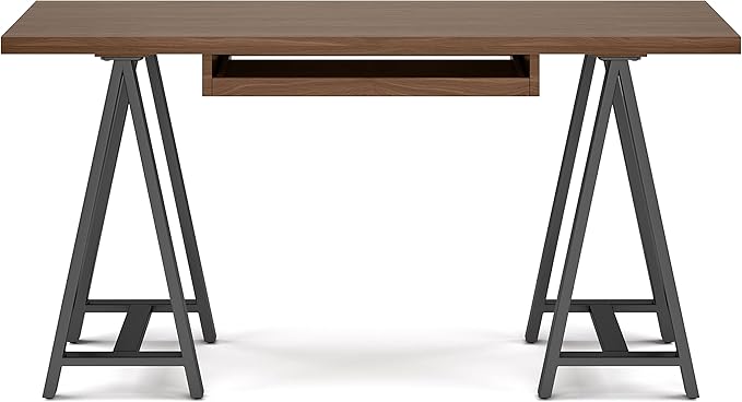 SIMPLIHOME Sawhorse Industrial 60 inch Wide SOLID WALNUT WOOD and Metal Desk in Walnut for the Office Desk, Writing Table, Workstation and Study Table