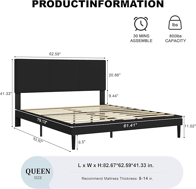 Queen Size Bed Frame with Upholstered Headboard, Sturdy Wood Slats, No Box Spring Required, Silent, Easy Assembly, Black
