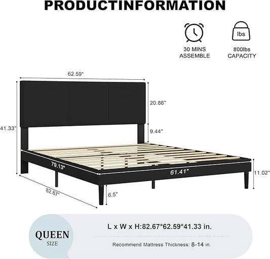 Queen Size Bed Frame with Upholstered Headboard, Sturdy Wood Slats, No Box Spring Required, Silent, Easy Assembly, Black