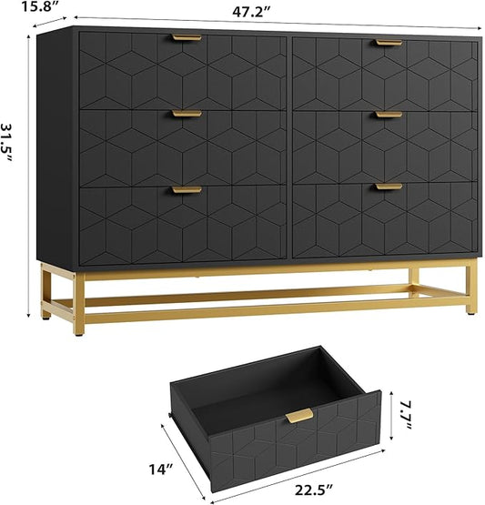 GAOMON Black 6 Drawer Double Dresser,Modern Dresser for Bedroom with Gold Handles,Long Storage Organizer for Closet & TV Stand,Large Chest of Drawers for Living Room,Hallway,Entryway