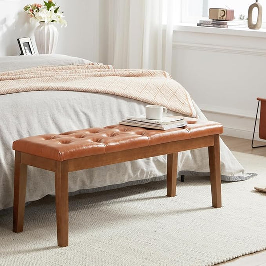 Ottoman Bench Upholstered Padded Seat with Solid Wood Legs and Button-Tufted, Faux Leather Cognac Brown