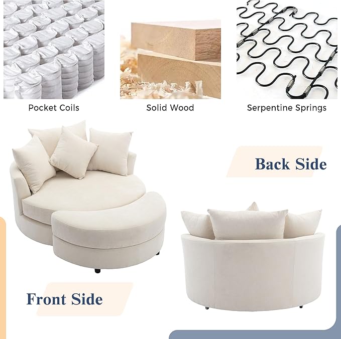 ERYE Oversized Round Accent Barrel Chair with Storage Ottoman and 360 Swivel Base, Modern Chenille Upholstered Leisure Recliner Armchair for Living Room Bedroom