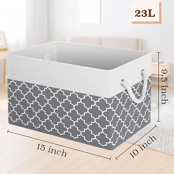 Storage Bin,Collapsible Storage Basket For Organizing,Large Storage Boxes With Rope Handles,Storage Containers,Clover Grey,2 Pack