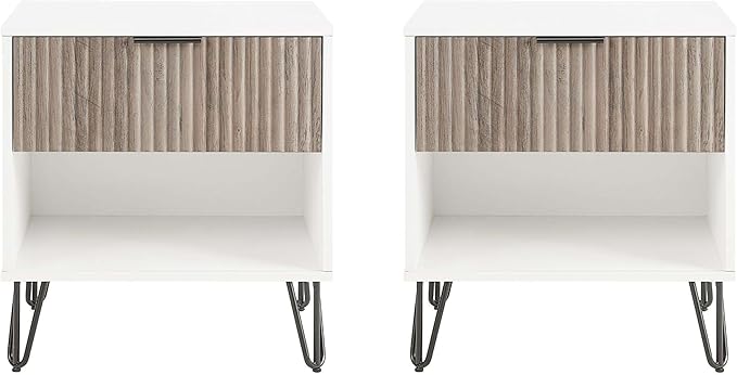 Manhattan Comfort Dumbo Modern Nightstand 1.0 with 1 Drawer and Metal Feet | Splayed Black Legs | Vertical Ribbed | No Tool Assembly Storage for Bedroom & Living Room, Set of 2, White and Rustic Grey