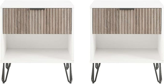 Manhattan Comfort Dumbo Modern Nightstand 1.0 with 1 Drawer and Metal Feet | Splayed Black Legs | Vertical Ribbed | No Tool Assembly Storage for Bedroom & Living Room, Set of 2, White and Rustic Grey