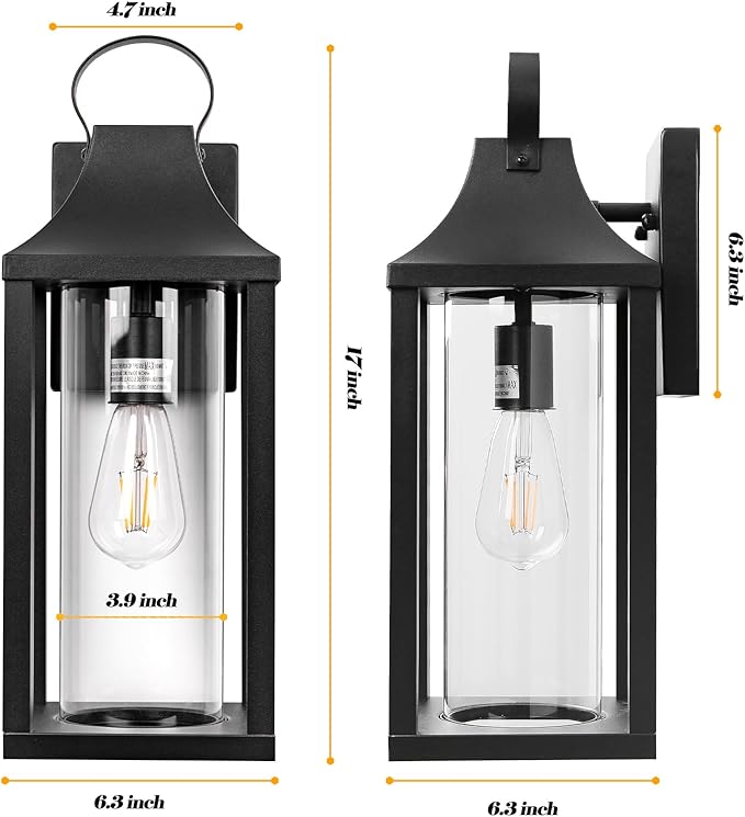 17 Inch Porch Light Large Black Outdoor Light Fixture with Cylindrical Clear Glass, IP65 Waterproof Exterior Lighting Fixture Outside Lantern for House Outdoor Wall Sconce, Matte Black