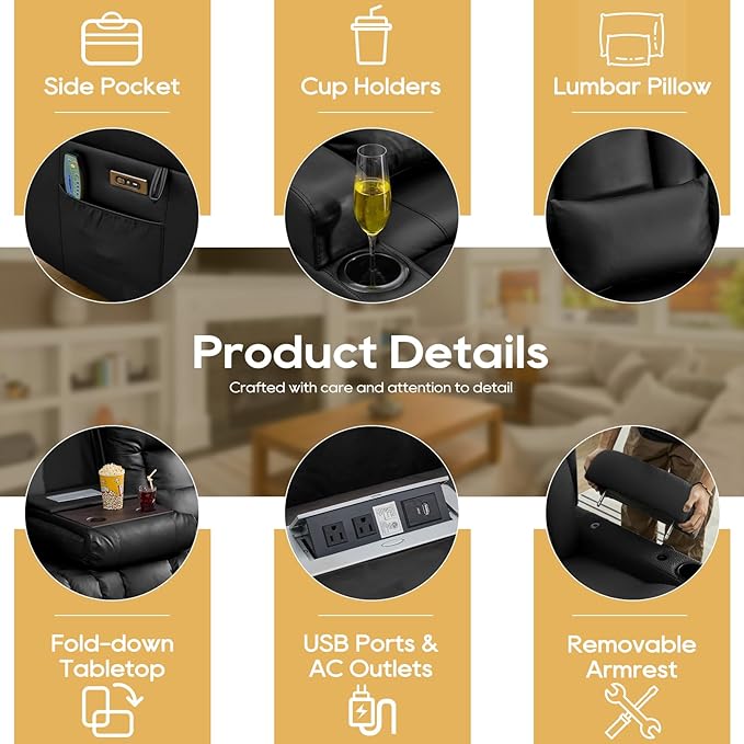 IPKIG Power Recliner Sofa with Flip-Up Backrest Console, USB & USB-C Ports, AC Outlet, LED Lights, Wall Hugger Recliners for Living Room, RV (Black, 98.7" - 4 Seat) | Faux Leather, Zero Gravity, Dual Reclining, 2 Lumabr Pillow