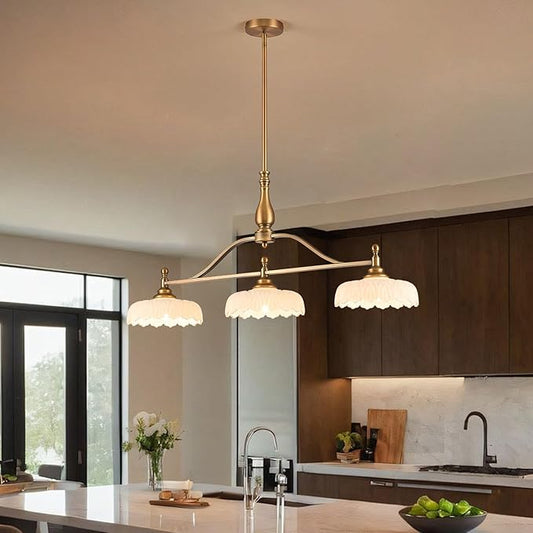 HDDFL Chandeliers Pendant Light Fixture Vintage Pendant Lighting Fixtures 3 Lights Chandelier Kitchen Glass Hanging Lamp for Island Dining Living Room Brass and White