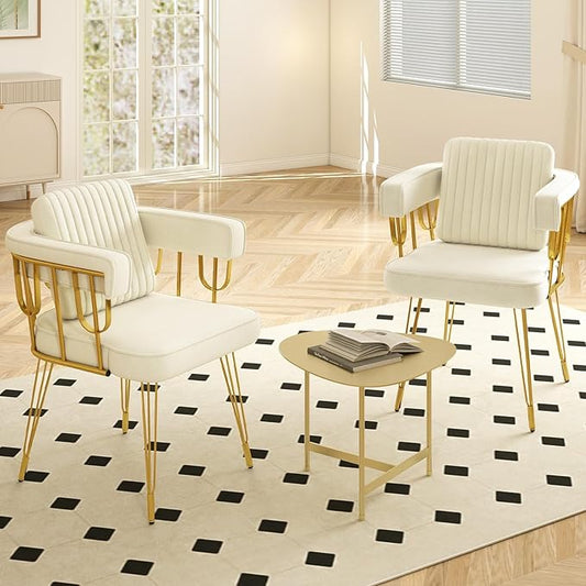 Set of 2 Vanity Chair with Back, Velvet Upholstered Accent Makeup Chairs No Wheels with Golden Legs for Modern Glam Living Room Bedroom Home Office Nail Spa, Girls & Women, Beige