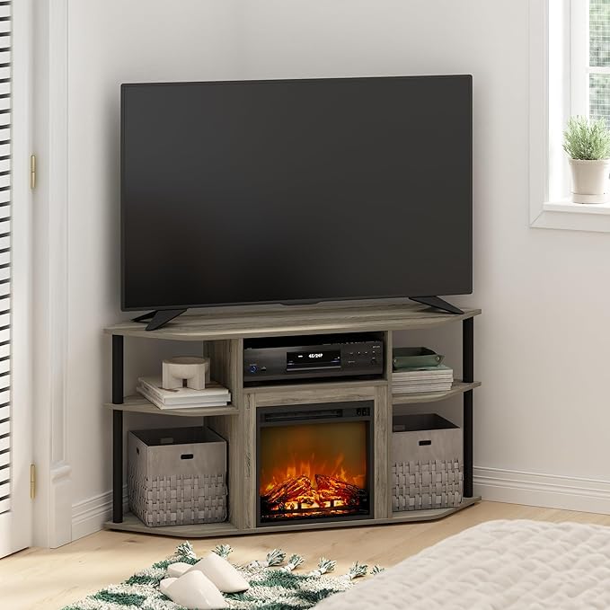 Furinno Jensen Fireplace TV Stand, Corner Entertainment Center, TV Console for TV up to 55 Inch with Fireplace, Plastic Poles and Open Storage, for Living Room, Bedroom, French Oak Grey