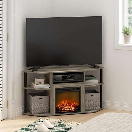 Furinno Jensen Fireplace TV Stand, Corner Entertainment Center, TV Console for TV up to 55 Inch with Fireplace, Plastic Poles and Open Storage, for Living Room, Bedroom, French Oak Grey