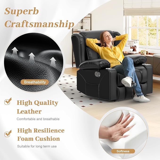 Loveseat Recliner Sofa Set with 2+1+1 Pieces, 2 Seater Minimalist Style Manual Pull Tab Reclining Loveseat with USB Charge Ports, Cup Holders, Recliner Couches for Living Room, RV, Black