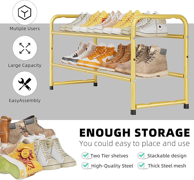 SUFAUY 2 Tier 33" Wide Shoe Rack Closet Metal Mesh, Stackable, Gold