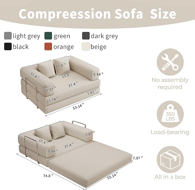 BSHOMGI 4 in 1 Futon Sofa Bed Queen Size - Foldable Convertible Sleeper Sofa Couch, Removable Washable Corduroy Cover, Space Saving Floor for Living Room (Beige, 53.15" Double Sofa)