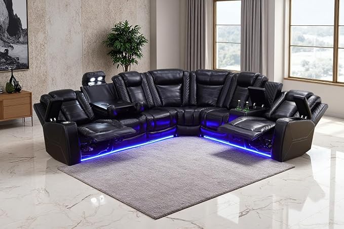 Power Recliner Sectional Sofa with LED Light for Living Room, Black Leather Reclining Sofa Corner Sectional Couches Set, Cup Holder, Storage Console for Home Theater Seating