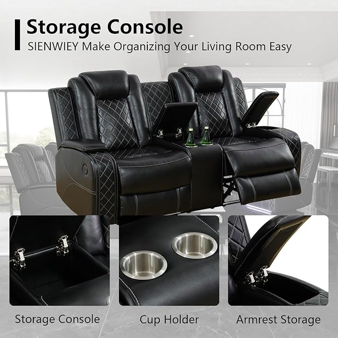Power Leather Recliner Sofa Set with LED Light,Leather Couch Set for Reclining Sofa with Drop-Down Table/Loveseat with Storage Console/Single Chair 3 PCS Living Room Furniture(Black,3+2+1)
