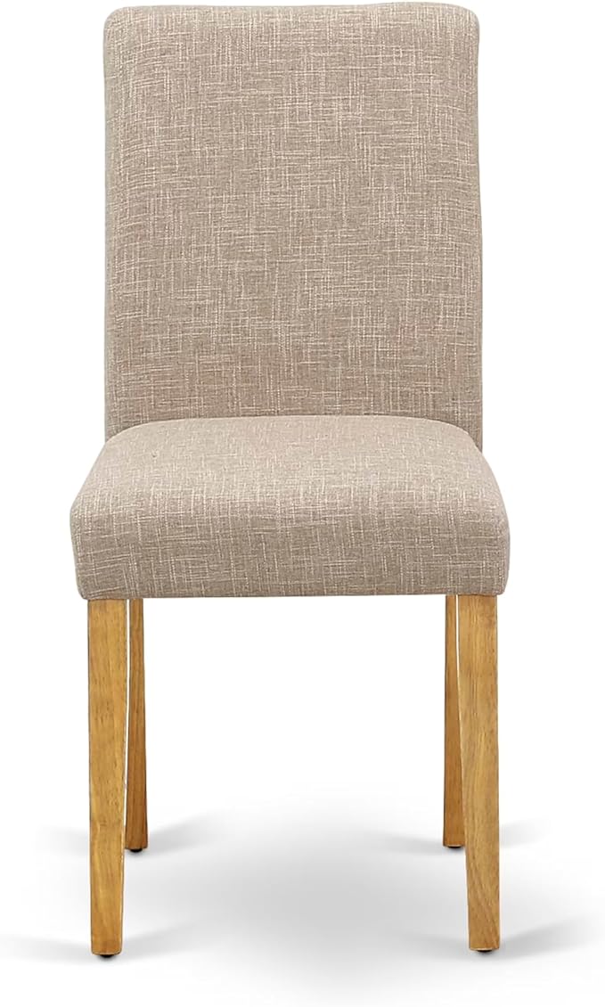 East West Furniture ANAB5-OAK-04 5 Piece Dining Table Set for 4 Includes a Round Kitchen Table with Pedestal and 4 Light Tan Linen Fabric Parson Dining Chairs, 36x36 Inch, Oak