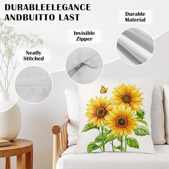 Sunflower Throw Pillow Covers 18x18 Set of 2 Watercolor Yellow Floral Decorative Pillow Cases Summer Outdoor Farmhouse Throw Pillows for Home Couch Sofa Porch Living Room