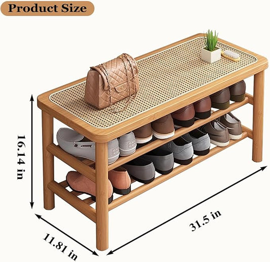 Bamboo Shoe Rack Bench with Rattan Seat, 3-Tier Shoe Storage Bench, Entryway Bench for Hallway，Nature-31.5 inches