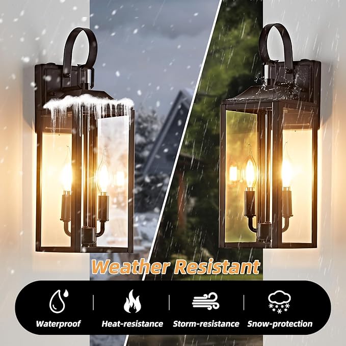 OKELI 17.6" Dusk to Dawn Outdoor Wall Light, Large Exterior Porch Lighting 2-Light Farmhouse Outside Lantern Lights with Clear Glass Waterproof Wall Sconces Lamp for House Garage, Brown