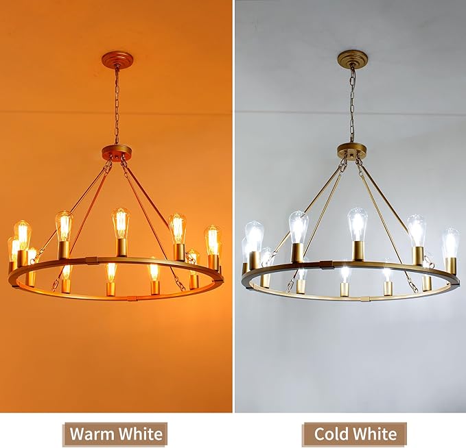 31.5" 12 Lights Gold Wagon Wheel Chandelier, Farmhouse Metal Round Industrial Large Round Pendant Light for Living Room Dining Room Foyer Entryway Kitchen