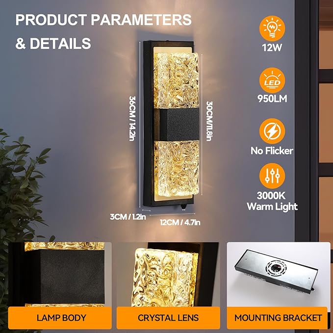 Dusk to Dawn Outdoor Lighting,Porch Lights Outdoor IP65 Waterproof Exterior Lighting Fixtures 12W LED Crystal Modern Outside Light for House Hallway Doorway Patio,14.2'' Back&Gold (1PCS)