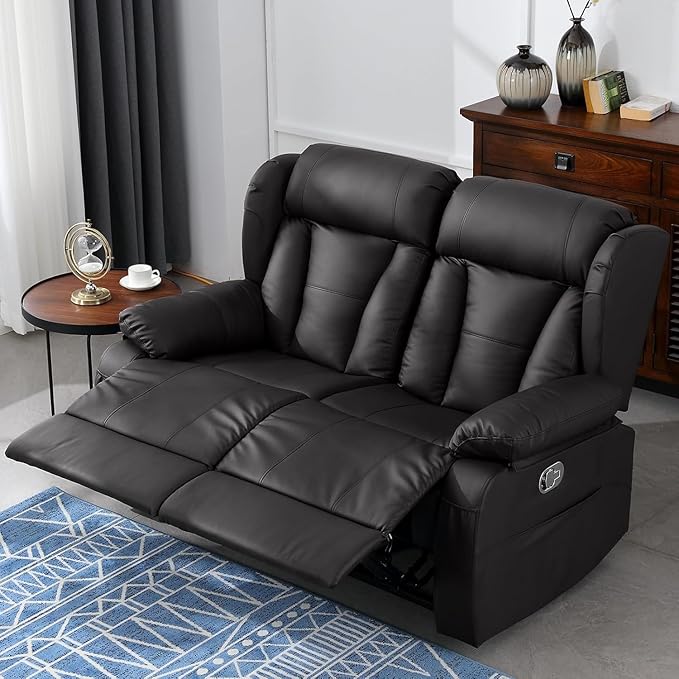 59" Manual Reclining Loveseat Sofa - Double Loveseat Recliner Chair with Side Pockets for RV Couch/Motorhomes/Living Room (Black, Loveseat)