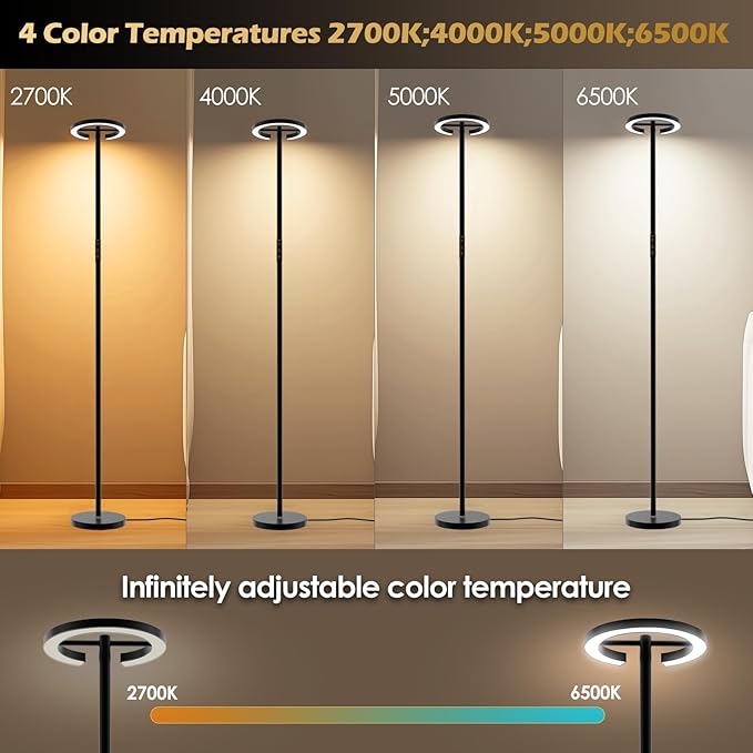 24W LED Floor Lamp with Remote, 70.8" Tall Standing Reading Lamp, Stepless Adjustable Brightness & Color Temps, 350°Rotatable Ring Light, Dimmable, Modern Corner Lamp for Living Room Bedroom Office