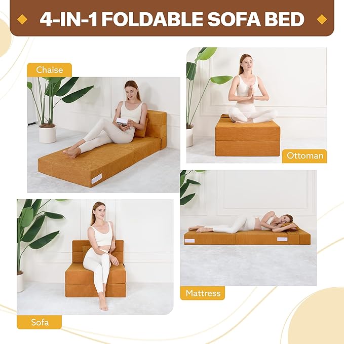 Fvkind Folding Sofa Bed, 4 in 1 Convertible Fold Out Single Chair Bed with Pillow, Memory Foam Futon Chair, Foldable Futon Couch, Foldable Sofa Mattress for Living Room, Bedroom, Guest Room, Yellow