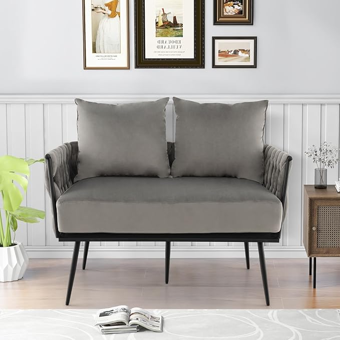 KOMFOTT 43” Loveseat Sofa, Modern Upholstered 2-Seat Sofa with 2 Back Pillows, Woven Backrest & Armrest, Mid Century Modern Dutch Velvet Sofa for Living Room Bedroom Apartment (Gray)