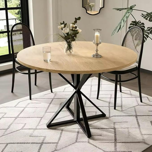 IDEALHOUSE 47 Inch Round Dining Table for 4, Farmhouse Kitchen Table with Metal K-Base, Oak Finish Circle Wood Table for Dining Room, Kitchen, Apartment & Living Room (Table Only)