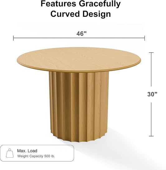 Casaphoria 46" Round Dining Table, Modern Wood Kitchen Table with Cylindrical Wide Bar Concave Base for Living Room & Dining Room, Easy Assembly Farmhouse Furniture for 4-6, Oak