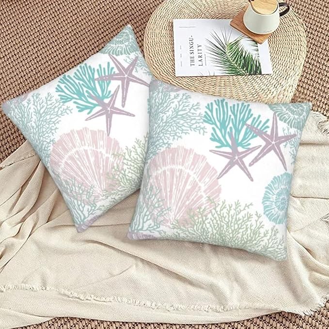BETGINY Nautical Coastal Throw Pillow Cover 18X18 Inch Pack of 2,Summer Ocean Themed Pillow Covers Square Cotton Aqua Seashell Starfish Beach Pillow Cases Cushion for Bedroom Home Sofa Decoration