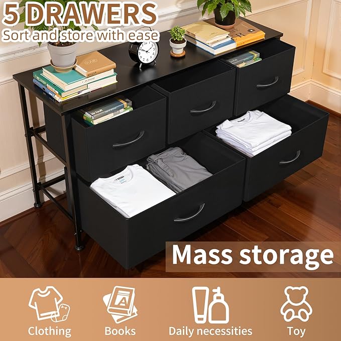 SHAWKEN Fabric Dresser with One-Piece Steel Frame,5 Drawer Dresser for Closet Organizer,Bedroom,Living Room,Hallway & Dorm Room(Black)