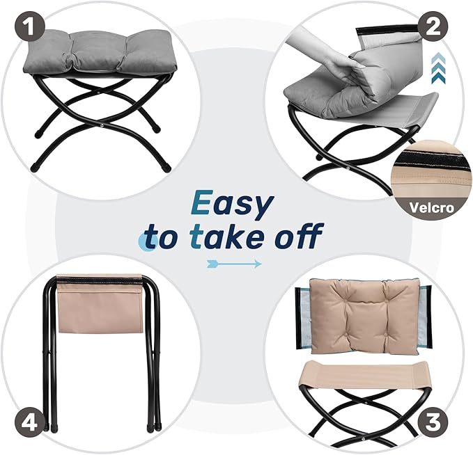 AbocoFur 15"(H) Folding Footrest Stool, Accent Padded Sofa Foot Stool for Lazy Chair, Upholstered Small Foldable Ottoman, Metal Frame Portable Foot Rest Ottoman for Living Room, Bedroom, Smoky Grey