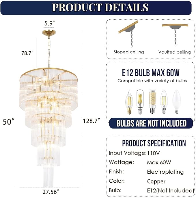 25 Light Staircase Crystal Chandeliers H49 W27.5 Modern Contemporary Elegant 5-Tier K9 Crystal Glass Chandelier Pendant Ceiling Lighting Fixture for Entryway