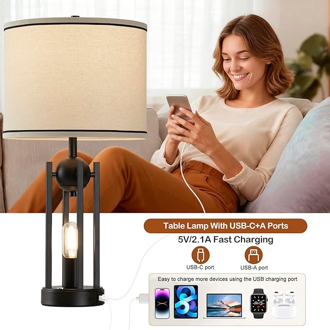 25'' Industrial Table Lamps for Living Room 1pcs with USB C+A Ports, Farmhouse Rustic Bedside Lamp for Bedroom, Touch Lamps for Nightstand, Dual Lights Independent Switch, Bulb Included, Black