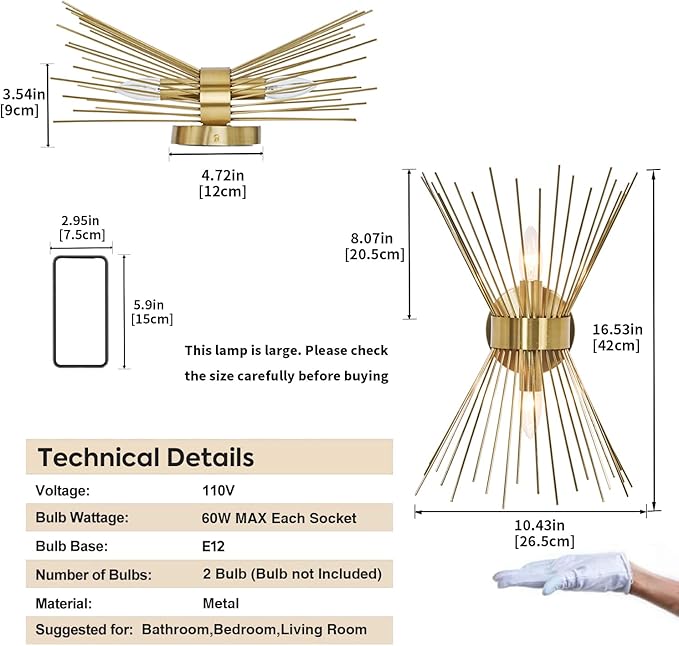 2-Light Bathroom Vanity Light, Mid-Century Modern Starburst Gold Wall Sconce, Bedside Electroplate Brass Wall Light Fixture, Wall Lamp for Powder Room Bedroom Bathroom Hallway Entryway, Set of Two