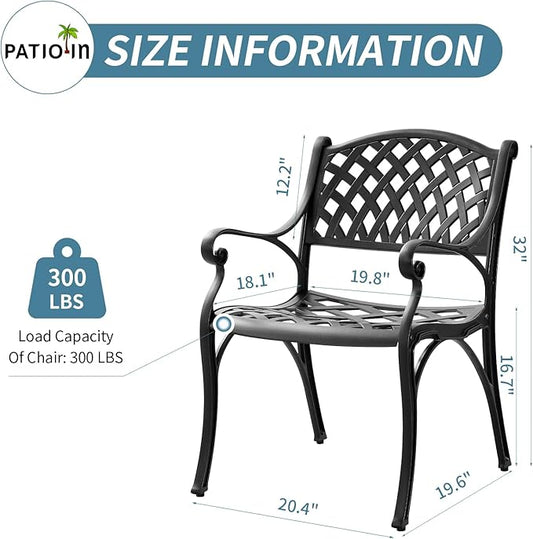 2 Piece Outdoor Cast Aluminum Dinning Chairs, Patio Bistro Chair Set with Armrests, Patio Dinning Chairs for Patio Furniture Garden Deck (Black)