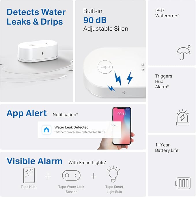TP-Link Tapo Smart Water Leak Detector Kit: Water Leak Sensor T300 + Hub H100 (Rapid Dripping Detection, 90dB Adjustable Alarm, App Alerts, Compatible with Alexa and Google Home)