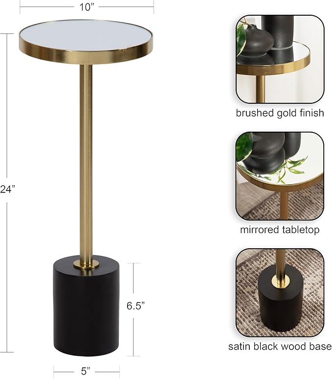Kate and Laurel Hescott Modern Mirrored Drink Table; 10 x 10 x 24; Black and Gold; Glam Round Pedestal Table for Use as Plant Stand Indoors or Living Room Accent Table
