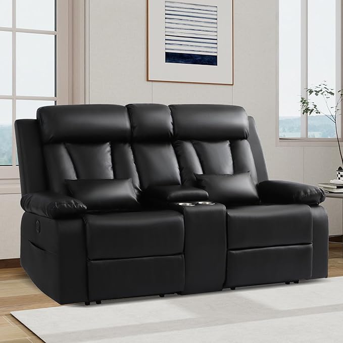 Power Reclining Loveseat with Console, Power Loveseat Recliner Sofa with Lumbar Pillow, USB,Type-c Ports, Eelctric Reclining Couch with Cup Holders for Living Room(Black, Loveseat)