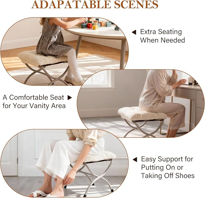 Saucer Chair with Ottoman, Oversized Dorm Chairs, X-Large Faux Fur Folding Chair, Foldable Metal Frame Chair for Bedroom, Living Room (Beige)