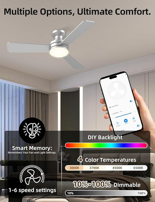42" RGB Ceiling Fan with Light, Music Sync Smart Fan with Alexa/Google/App Control, Low Profile Flush Mount, 6-Speed Quiet DC Motor, 4 CCT Dimmable Lighting for Bedroom Living Room, Silver