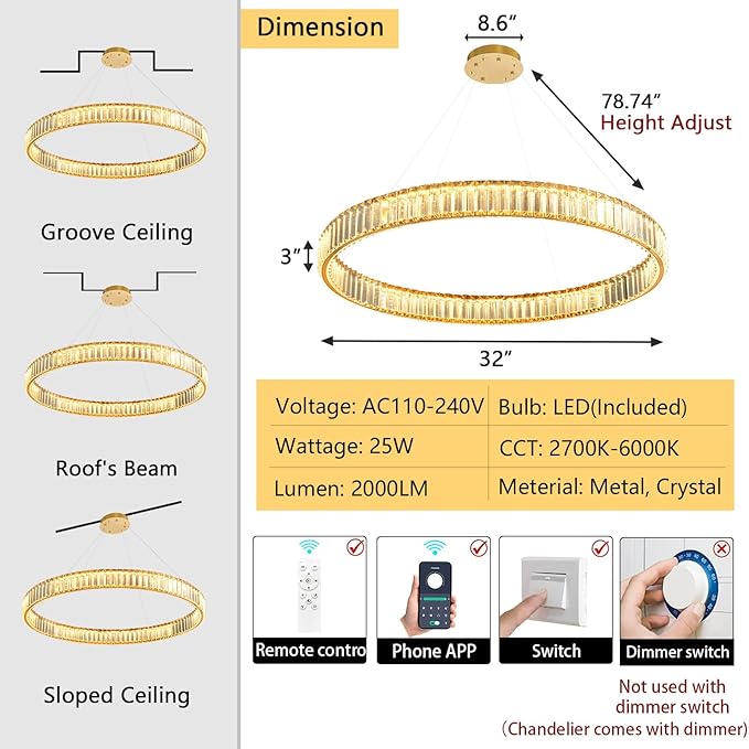 32'' Modern Ring Chandelier Crystal Chandeliers for Dining Room Round LED Dimmable Ceiling Light Fixture for Living Room Bedroom Lighting Gold