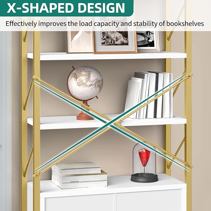 YITAHOME Bookshelf and Bookcase with Storage Cabinet, Standing 5 Tiers Book Shelves Display Rack with Doors for Bedroom Living Room Office,White&Gold