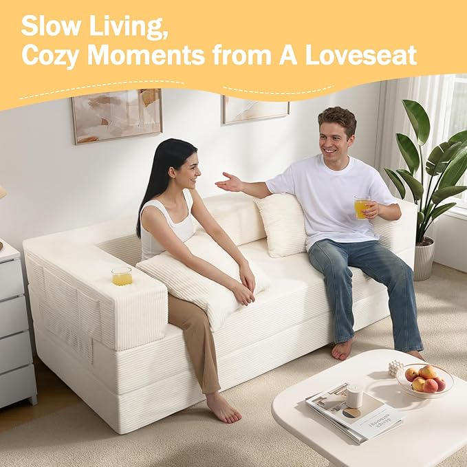 COMAX Boneless Couch, Futon Sofa Bed Couches Versatile Queen for Living Room, 79" 4 in 1 Convertible Sleeper Corduroy Couch Foam in a Box, Foldable Fold Out Floor Mattress No Assembly Required, Beige