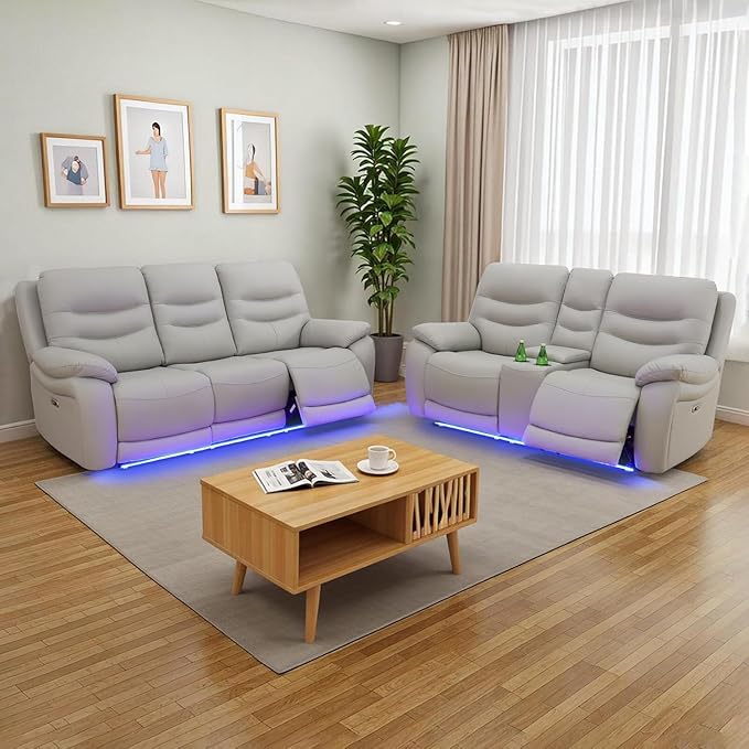 Power Reclining Sofa Set, Genuine Leather Recliner Sofa Set,Living Room Furniture Setwith USB Charging and LED Lights,for Living Room/Apartment/Office/Home Theather,Light Grey,L+S