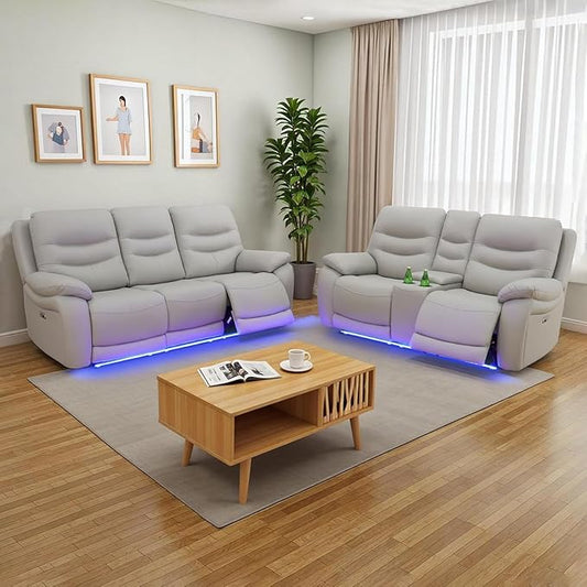 Power Reclining Sofa Set, Genuine Leather Recliner Sofa Set,Living Room Furniture Setwith USB Charging and LED Lights,for Living Room/Apartment/Office/Home Theather,Light Grey,L+S