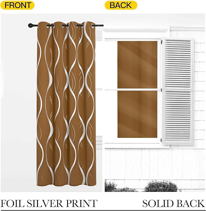 NICETOWN Gold Brown Blackout Fall Pattern Curtains for Living Room 84 inch Long, 52” Wide - Light Reducing Thermal Insulated Foil Printed Grommet Drapes for Bedroom and Nursery, 2 Panels